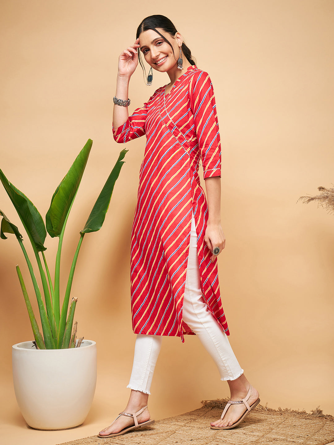 Buy Rouge Pink Straight Cut Palazzo Suit With Lehariya Print And Gota  Embrodiery